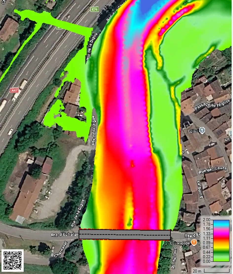 Carte HEC-RAS 2D des vitesses d'écoulement d'une rivière au droit d'un pont, sur fond de vue aérienne