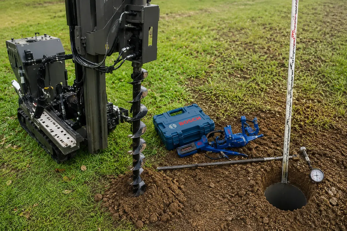 Foreuse à tarière sur chenilles, mire graduée et manomètre près d'un trou d'essai de perméabilité